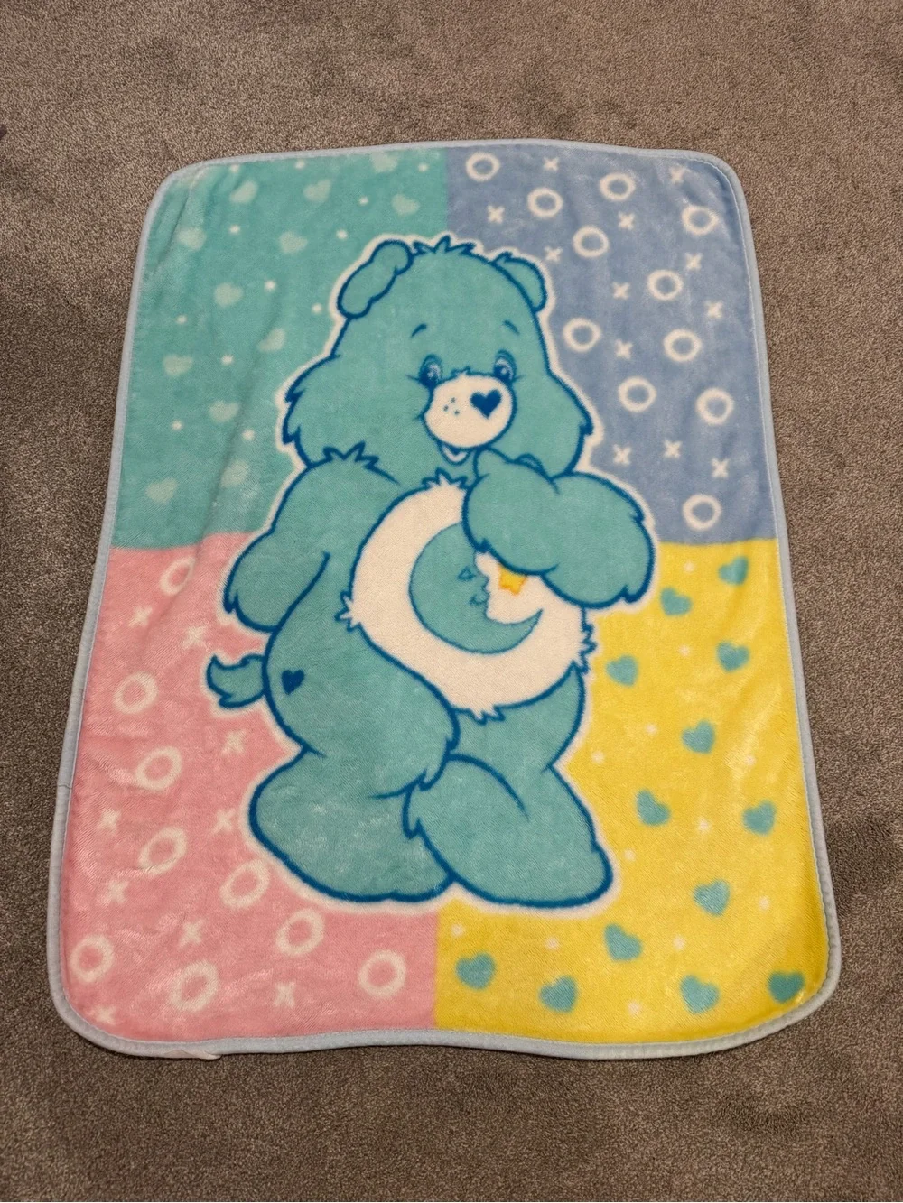 🐻💙VTG Care Bears Bedtime Bear Pink Yellow & Blue Print Plush Baby Throw Blanket